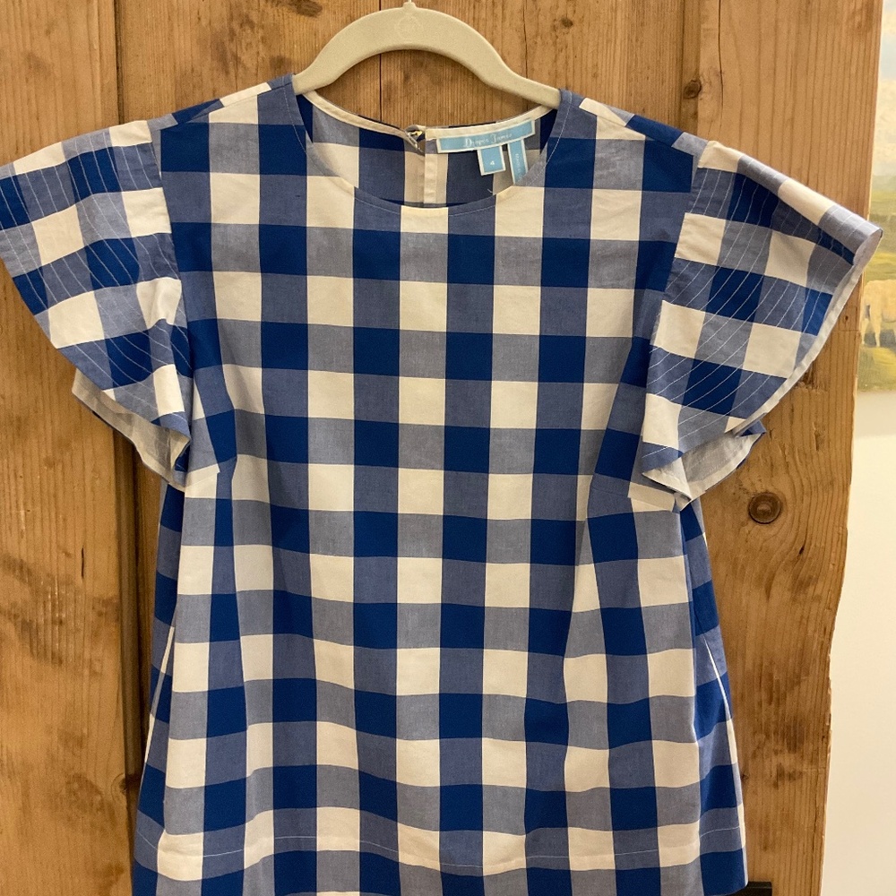 Draper James Blue and White Gingham Short Sleeve Blouse